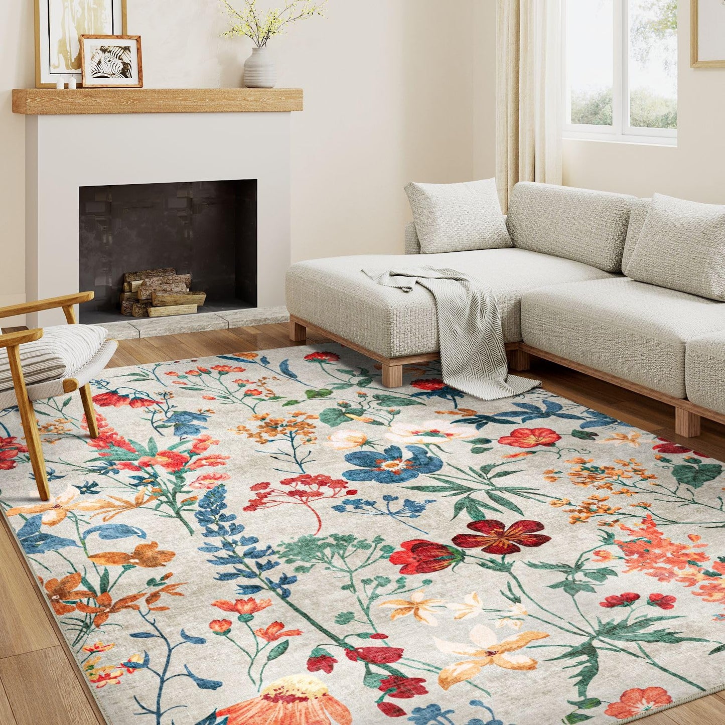 PureCozy Beige Area Rug 5x7 Boho Living Room Rug Floral Washable Kitchen Carpet Non Slip Winter Bedroom Rug Low Pile Indoor Accent Rug Lightweight Throw Rug for Office Dining Room Nursery Farmhouse