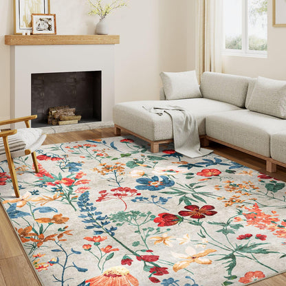 PureCozy Beige Area Rug 5x7 Boho Living Room Rug Floral Washable Kitchen Carpet Non Slip Winter Bedroom Rug Low Pile Indoor Accent Rug Lightweight Throw Rug for Office Dining Room Nursery Farmhouse