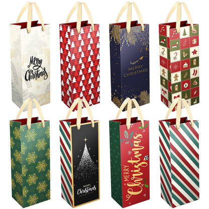 DeckTheHalls Christmas Gift Bags 8 Pcs Wine Gift Bags with Unique Christmas Designs Christmas Goody Bags with Ribbon Handles Reusable Wine Bottle Wrap Bags for Christmas Engagements & Party