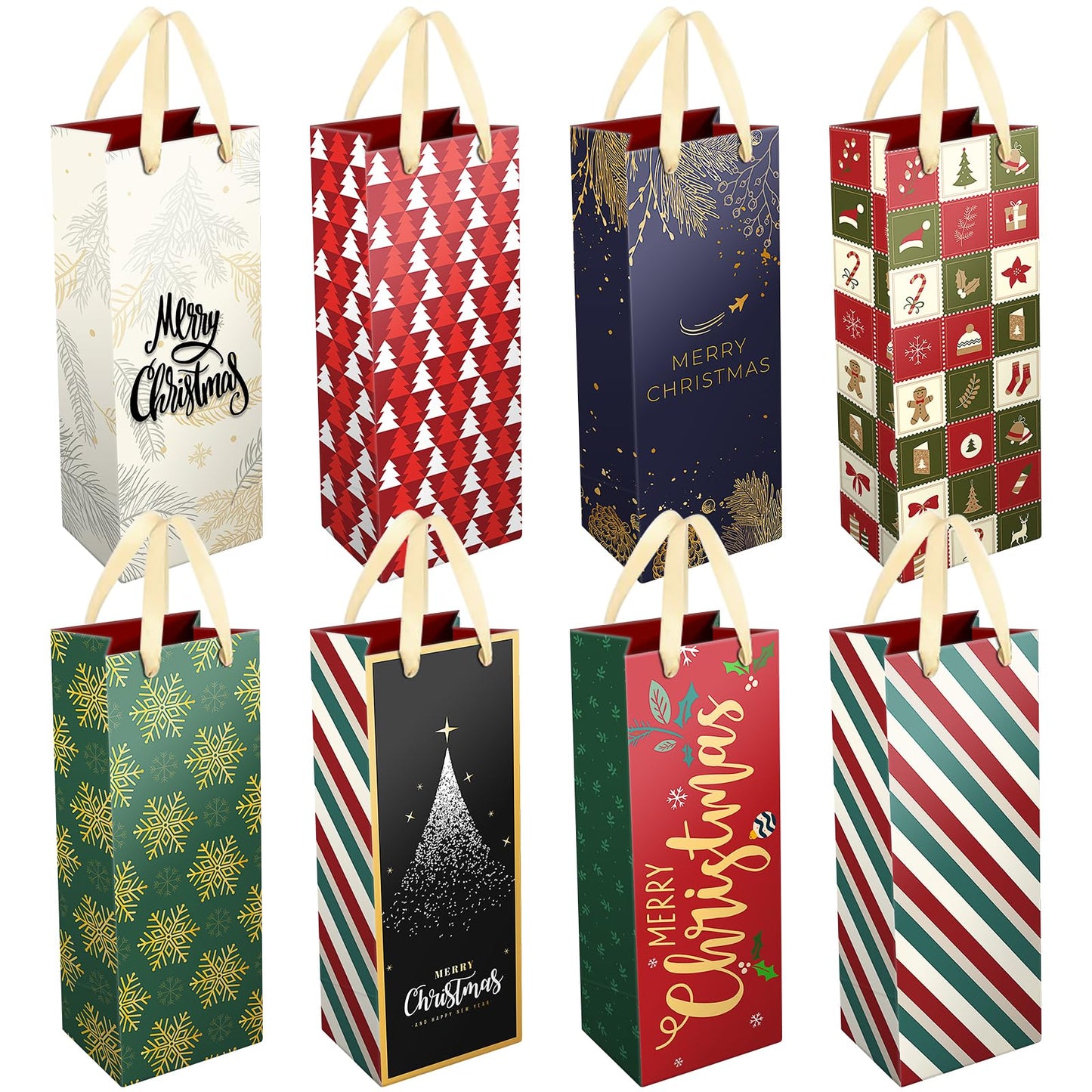 DeckTheHalls Christmas Gift Bags 8 Pcs Wine Gift Bags with Unique Christmas Designs Christmas Goody Bags with Ribbon Handles Reusable Wine Bottle Wrap Bags for Christmas Engagements & Party